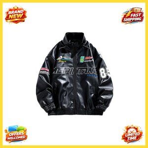 Oversized Faux Leather Moto Bomber Jacket Graphic Print Y2K Streetwear Unisex